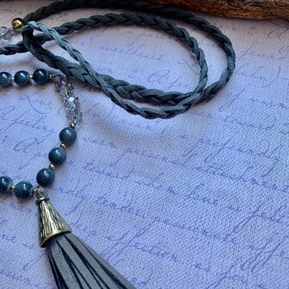 Gray Leather Boho Hippie Crystal & Stone Beaded Tassel Necklace Woman’s Jewelry - Picture 3 of 9